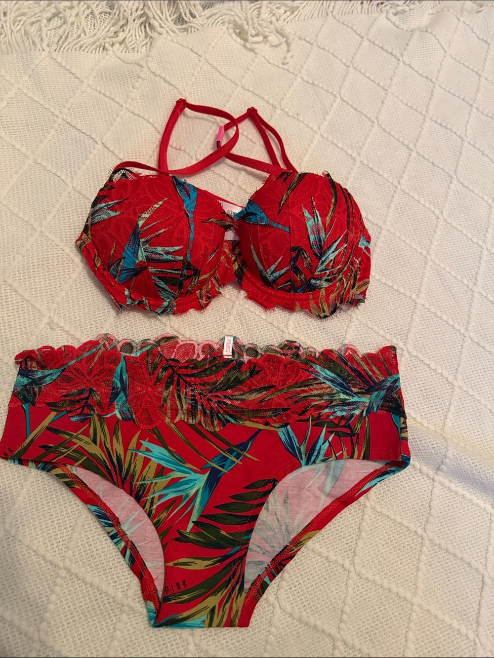 PINK Victoria's Secret Red Tropical Print Bikini Set